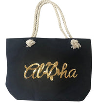 Load image into Gallery viewer, Aloha Honu Gold Sequin Black Tote Bag with Zipper
