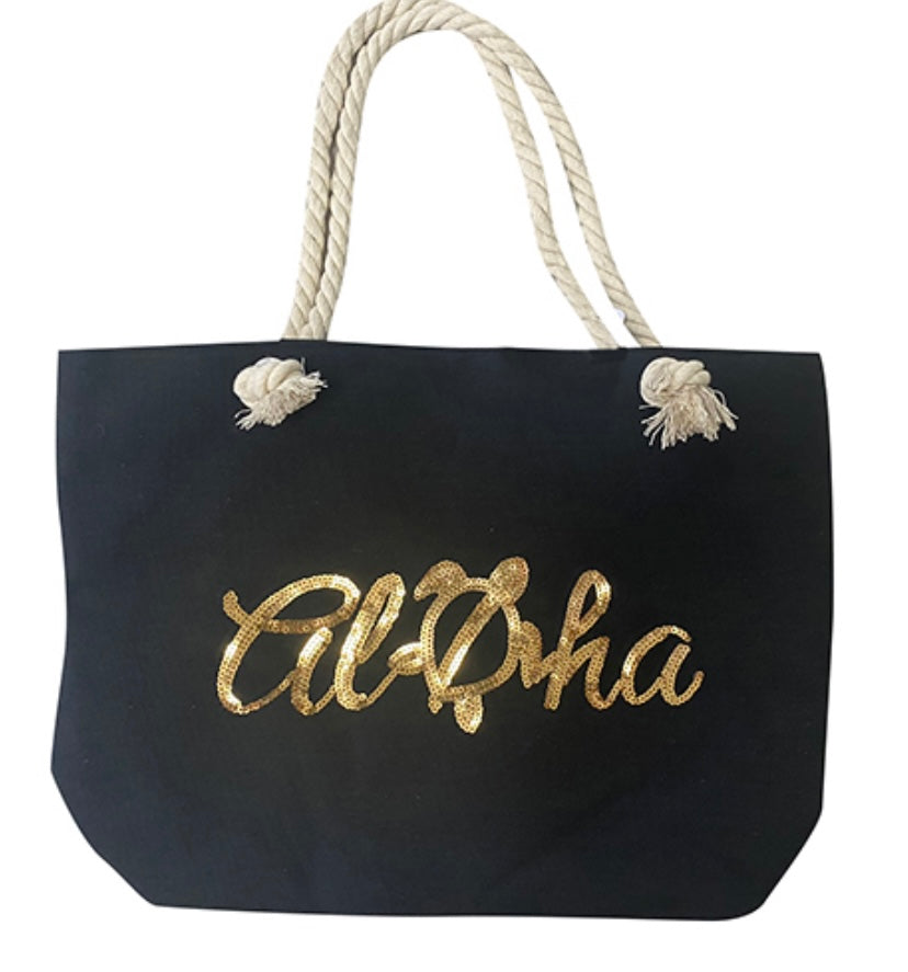 Aloha Honu Gold Sequin Black Tote Bag with Zipper