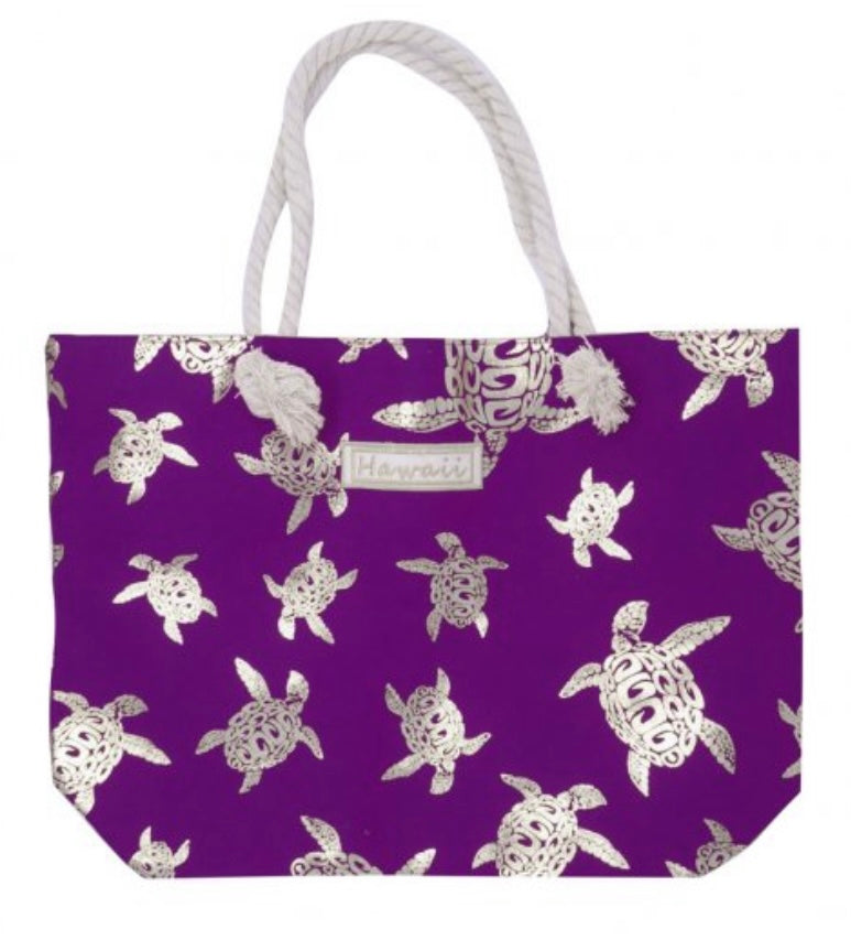 Silver Turtle on Purple Tote Bag with Zipper