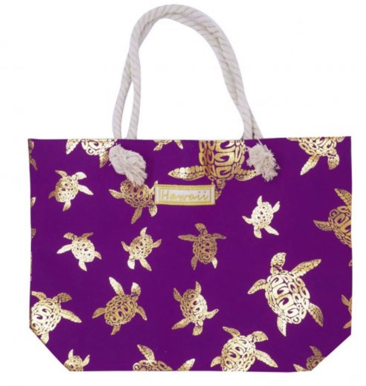 Gold Turtle on Purple Tote Bag with Zipper